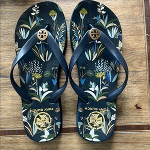 Tory Burch Botanical Print Sandals - Green and Gold